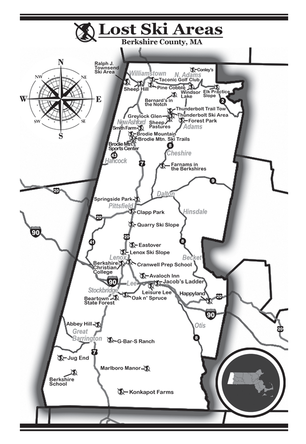 The Berkshires of Massachusetts are home to thirty-seven downhill ski areas that are no longer in operation. Ranging in size from small rope tow slopes to much larger resorts, these ski areas played an integral role of the development of the ski industry. Although now lost, these ski areas’ legacies continue to live on in many different ways. Reprinted from <a data-cke-saved-href='/Products/9781467136402' href='/Products/9781467136402'>Lost Ski Areas of the Berkshires</a> by Jeremy K. Davis, courtesy of Brandon Capasso (The History Press, 2018). A map of the Berkshires' lost ski areas,