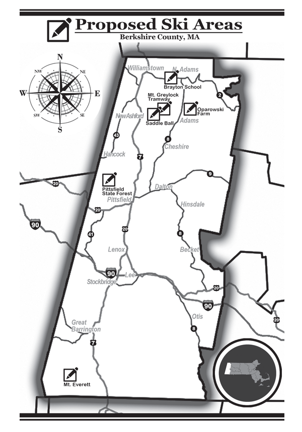Six ski areas were considered for development in the Berkshires. These ranged from a proposed rope tow at the Brayton School to a massive resort complex on Mount Greylock and Saddle Ball. Reprinted from <a data-cke-saved-href='/Products/9781467136402' href='/Products/9781467136402'>Lost Ski Areas of the Berkshires</a> by Jeremy K. Davis, courtesy of Brandon Capasso (The History Press, 2018). A map of proposed ski areas in the Berkshires.