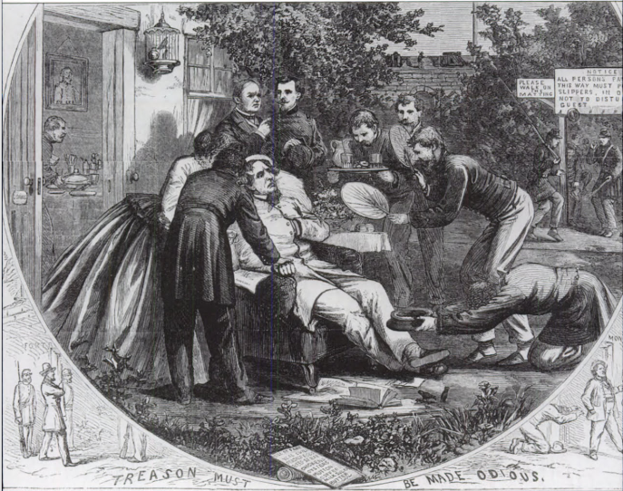 A political cartoon mocking Davis’ perceived treatment in prison. Reprinted from <a data-cke-saved-href='/Products/9780738501147' href='/Products/9780738501147'>Fort Monroe: The Key to the South</a> by John V. Quarstein and Dennis Mroczkowski (pg. 102, Arcadia Publishing, 1999). A political cartoon mocking Davis’ perceived treatment in prison.