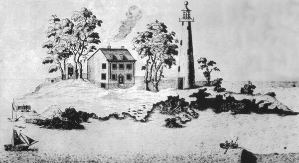 A rendition of the 1716 Boston Light lighthouse on Little Brewster Island.