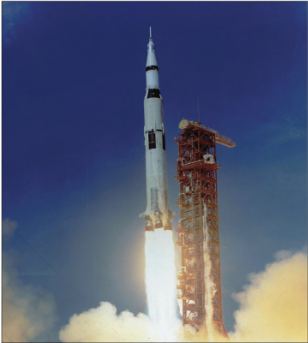 The Apollo 11 rocket. Reprinted from <a data-cke-saved-href='/Products/9781467115384' href='/Products/9781467115384'>NASA Kennedy Space Center</a> by Mark A. Chambers, courtesy of NASA (pg. 45, Arcadia Publishing, 2016). The Apollo 11 rocket.