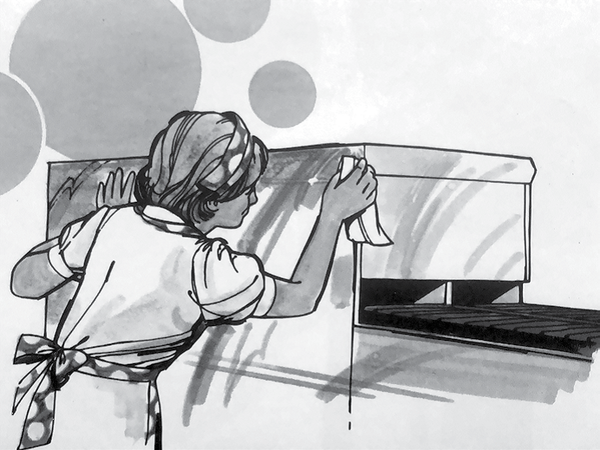 Illustration from a Burger Chef employee hygiene manual depicting nightly cleaning procedures. This literature was distributed to crew members in the 1970s. Reprinted from <a data-cke-saved-href='/Products/9781467143080' href='/Products/9781467143080'>The Burger Chef Murders in Indiana</a> by Julie Young, courtesy of the author (pg. 17, The History Press, 2019). Illustration from a Burger Chef employee hygiene manual depicting nightly cleaning procedures.