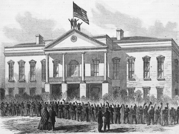 A drawing of the second state house in Columbia, which was burned only a day after the American flag was hoisted above its roof in 1865. Reprinted from <a data-cke-saved-href='/Products/9781467114660' href='/Products/9781467114660'>Remembering Columbia</a> by John M. Sherrer III and Historic Columbia, courtesy of the Historic Columbia collection, HCF 2006.8.3 (pg. 17, Arcadia Publishing, 2015). A drawing of the second state house in Columbia, which was burned only a day after the American flag was hoisted above its roof in 1865.