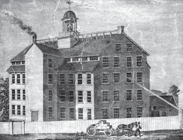 An etching of an early mill. Reprinted from <a data-cke-saved-href='/Products/9781626192416' href='/Products/9781626192416'>A History of the Belknap Mill: The Pride of Laconia's Industrial Heritage</a> by Carol Lee Anderson, courtesy of the Belknap Mill Society (pg. 26, The History Press, 2014). An etching of an early mill.