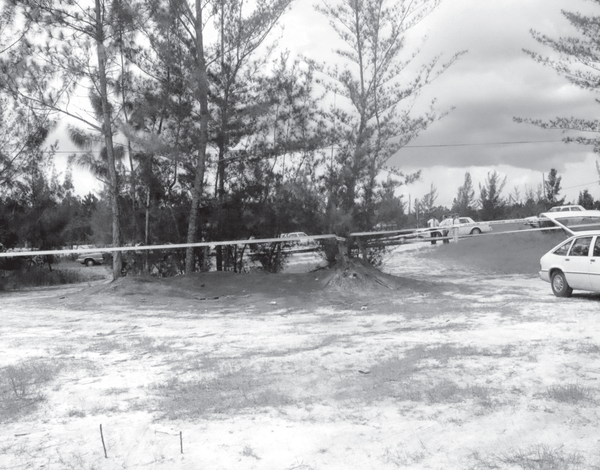 The area around Canal M at Royal Palm Beach Boulevard was popular for dirt bike and four-wheel riders because of its mushy terrain and secluded location. This also meant it was a great location to do illegal activity. The area has since become more suburban, and the road was widened and paved in 2015. Note the sticks in the ground that investigators placed to indicate what they felt appeared to be drag marks heading toward the canal. Reprinted from <a data-cke-saved-href='/Products/9781467142564' href='/Products/9781467142564'>Solving the West Palm Beach Murder of Jeffrey Heagerty</a> by Graham Brunk, courtesy of the Palm Beach County Sheriff (pg. 19, The History Press, 2019). The area near Canal M.