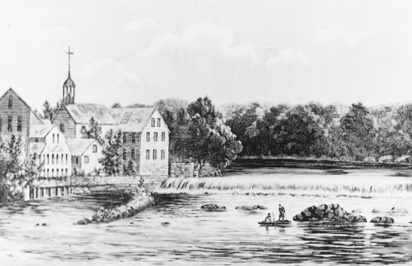 A woodcut showing the Old Slater Mill circa 1840. Reprinted from <a data-cke-saved-href='/Products/9780738545448' href='/Products/9780738545448'>Slater Mill</a> by Sarah Leavitt and Slater Mill Historic Site (pg. 26, Arcadia Publishing, 1997). A woodcut showing the Old Slater Mill circa 1840.