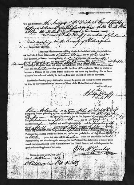 Philip Duffy’s naturalization papers. Reprinted from Massacre at Duffy’s Cut: Tragedy & Conspiracy on the Pennsylvania Railroad by William E. Watson and J. Francis Watson, courtesy of the National Archives and Records Administration (pg. 25, The History Press, 2018).