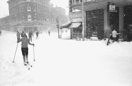 A woman skis through the streets during a 1978 blizzard in Boston.