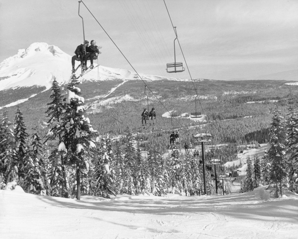 Recreational skiiers ride the ski lift built in 1937 at Mount Hood National Forest.