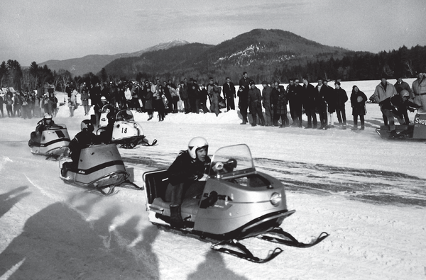 Snowmobilers attending an organzied “power sled meet” in Lake Placid, New York.