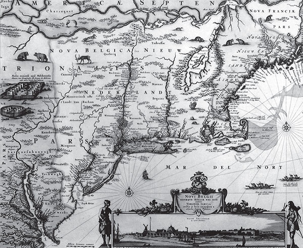 A 17th century map of the East Coast of North America, including the area of New Netherlands. Reprinted from Food, Drink, and Celebrations of the Hudson Valley Dutch by Peter G. Rose courtesy of the collection of Joep de Koning and Foundation for Historic New Amsterdam (pg. 20, The History Press, 2009).