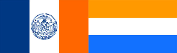 Left: The flag of New York City. Right: The Prince’s Flag, the official flag of the Netherlands until 1630. New York City Flag image under CC-BY-SA 3.0, via Wikimedia Commons. The Prince’s Flag image public domain via Wikimedia Commons.