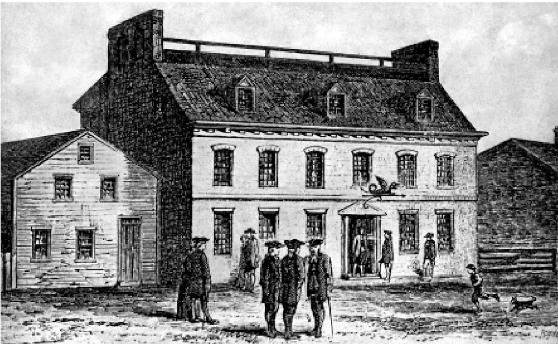 A sketch of the original Green Dragon Tavern, which hangs in the current Green Dragon Tavern (on the right). Reprinted from Boston Beer: A History of Brewing in the Hub by Norman Miller, courtesy of the Boston Public Library and Sara Withee (The History Press, 2014).